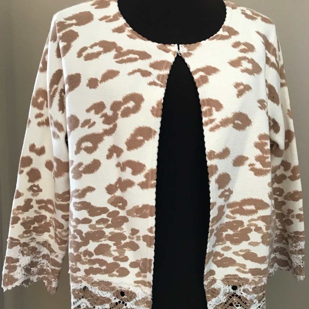 Chico's Cream and White Leopard Print Cardigan Sweaters